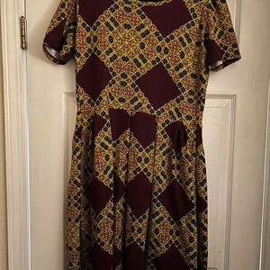 LuLaRoe Burgundy and Yellow Geometric Midi Dress